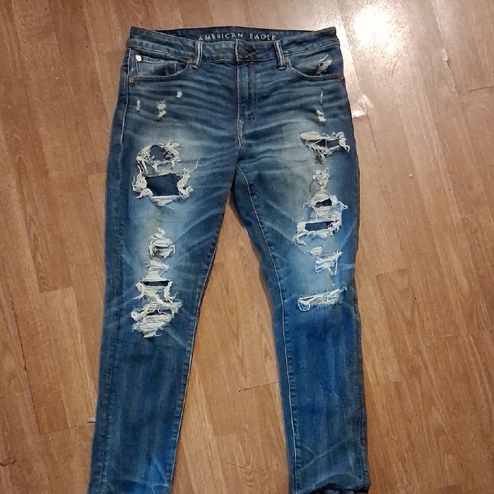 American Eagle Outfitters Men's Airflex Ripped Blue Skinny Jeans